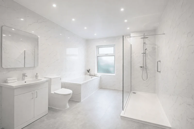 Completed bright bathroom with shower enclosure and white fixtures